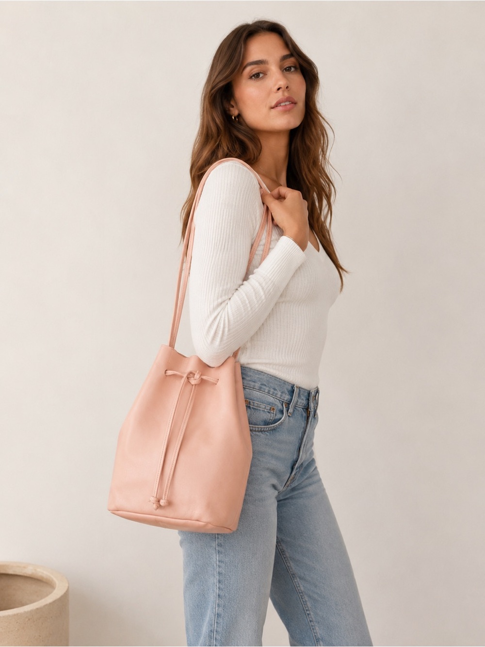 Steven Alan Dylan Drawstring Leather Tote Dusty Pink w/ small pouch